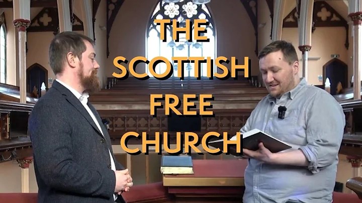 Two men stand talking inside a church building featuring wooden pews and a large stained-glass window. The man on the right is looking down at an open book, and large, bold orange text in the center of the image reads "THE SCOTTISH FREE CHURCH"