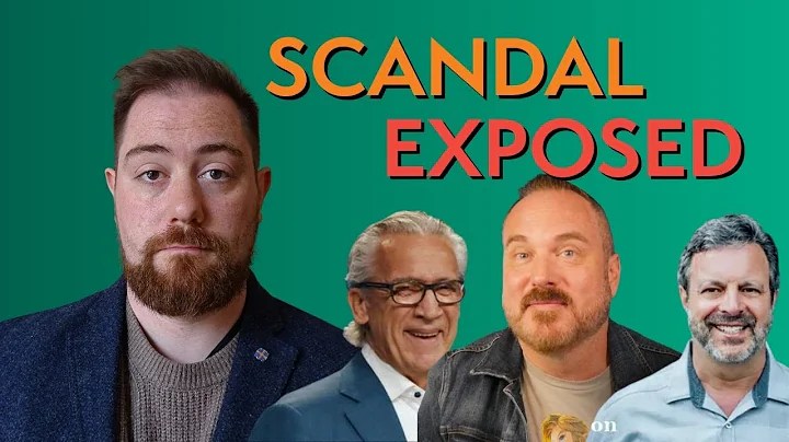 A bearded man is shown on the left side of a solid green background next to the cutout faces of three other men. Above the three men, large orange and red bold text reads "SCANDAL EXPOSED"